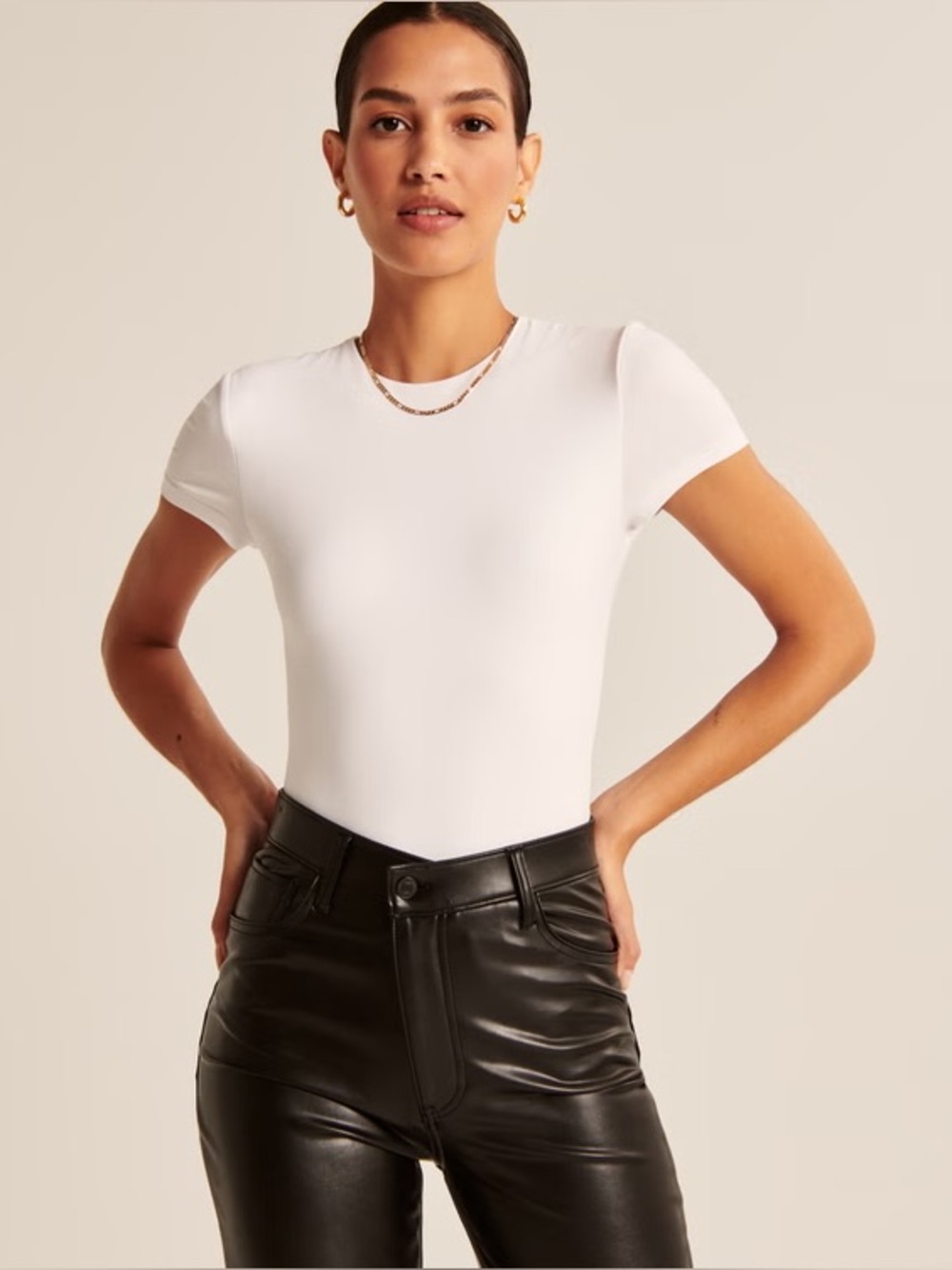 A&F Short Sleeve Cotton-Blend Seamless Fabric Crewneck Bodysuit